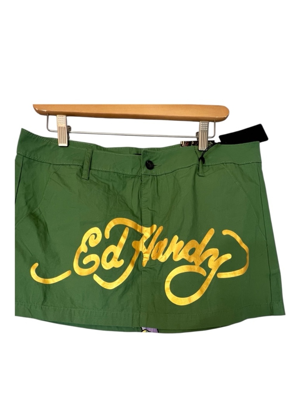 Ed Hardy Love Kills Slowly Heart Graphic Mini Skirt Size L Gold Olive Green Y2K